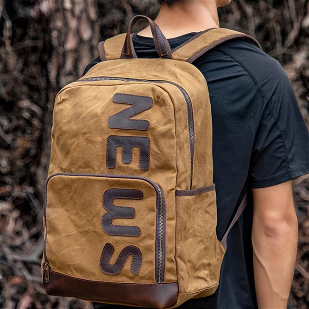 Retro Canvas+Cowhide Waterproof Backpack Student Men Dual Shoulder Laptop Bag - Grey - 7