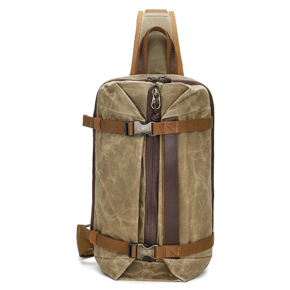 Retro Men Waxed Canvas+Cowhide Chest Bag Breathable Single Shoulder Crossbody Bag - Khaki - 1