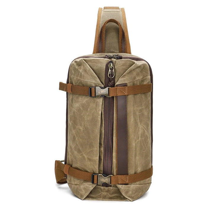Retro Men Waxed Canvas+Cowhide Chest Bag Breathable Single Shoulder Crossbody Bag - Khaki - 1