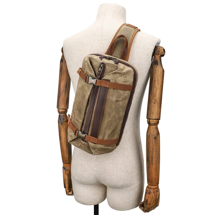 Retro Men Waxed Canvas+Cowhide Chest Bag Breathable Single Shoulder Crossbody Bag - Khaki - 2
