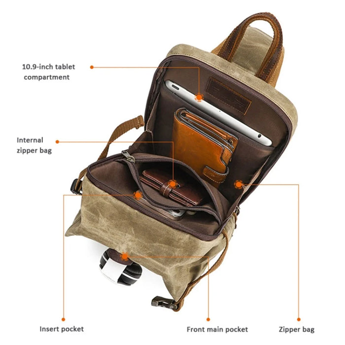 Retro Men Waxed Canvas+Cowhide Chest Bag Breathable Single Shoulder Crossbody Bag - Khaki - 3