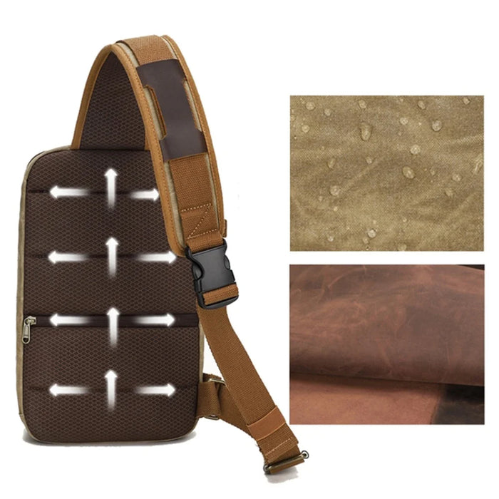 Retro Men Waxed Canvas+Cowhide Chest Bag Breathable Single Shoulder Crossbody Bag - Khaki - 5