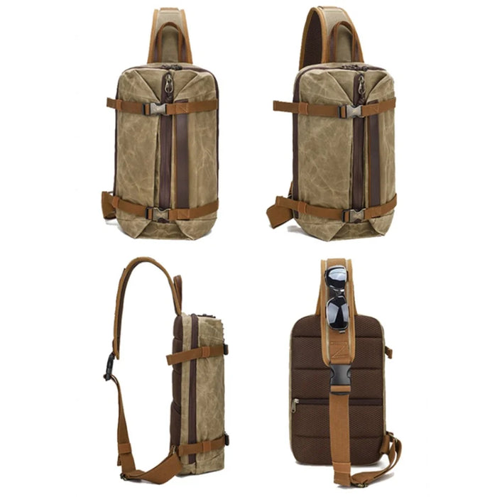Retro Men Waxed Canvas+Cowhide Chest Bag Breathable Single Shoulder Crossbody Bag - Khaki - 6