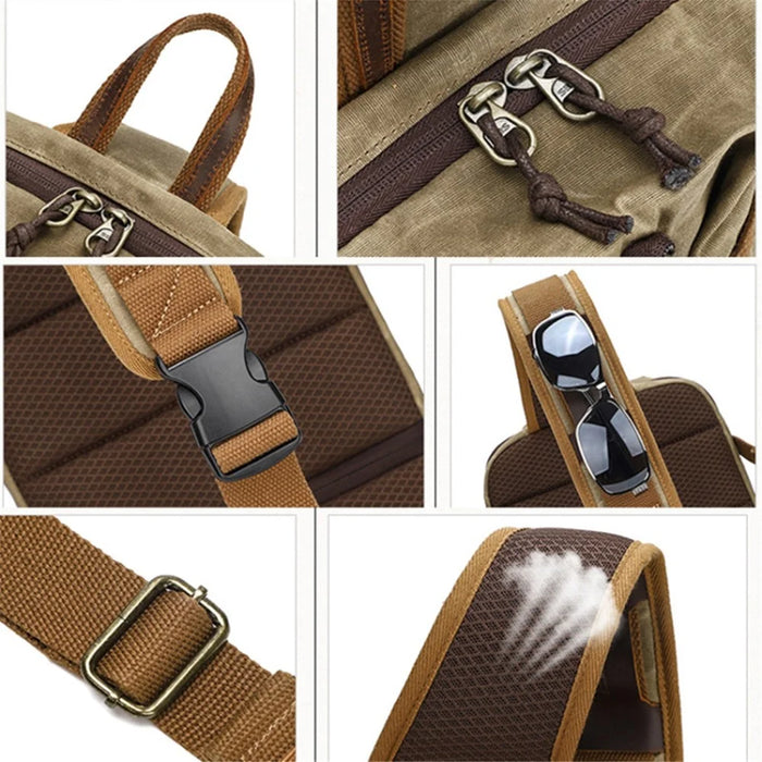 Retro Men Waxed Canvas+Cowhide Chest Bag Breathable Single Shoulder Crossbody Bag - Khaki - 7