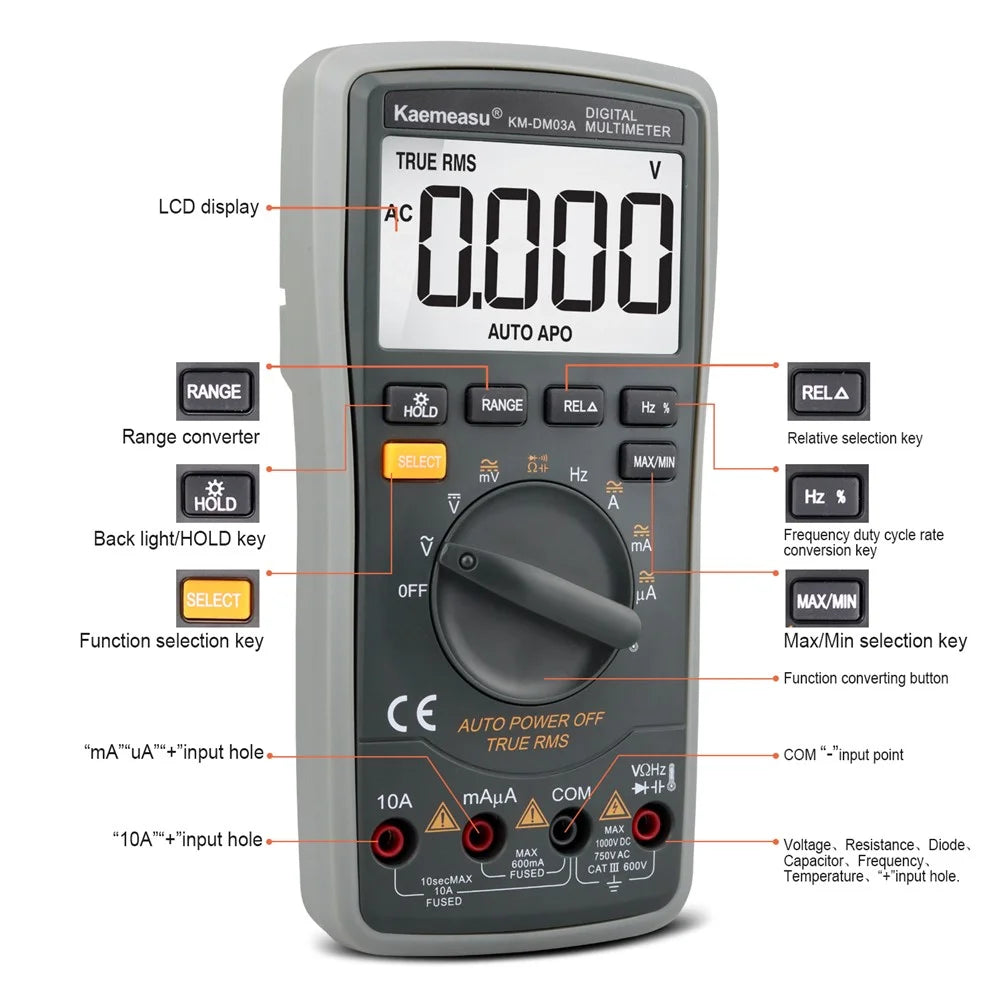 KAEMEASU KM-DM03A High Precision Digital Multimeter 6000 Count Display AC / DC Smart Tester, without Battery - 2