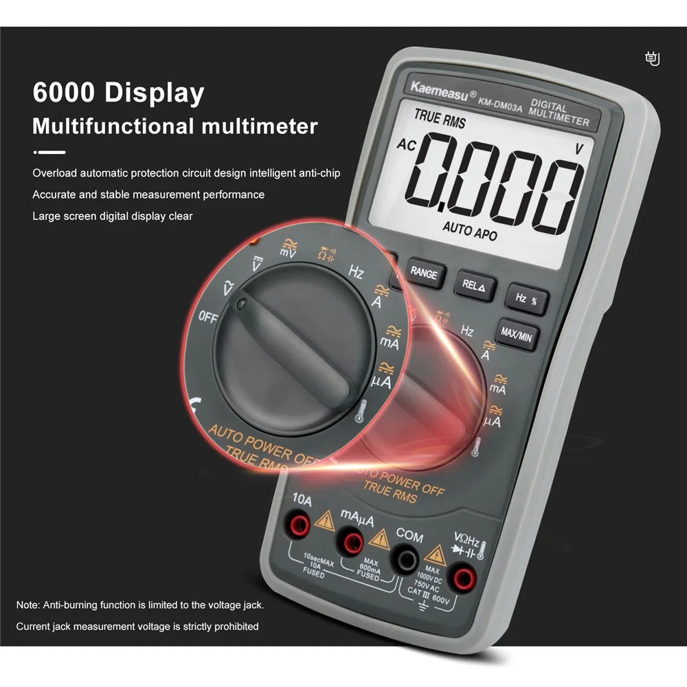 KAEMEASU KM-DM03A High Precision Digital Multimeter 6000 Count Display AC / DC Smart Tester, without Battery - 5