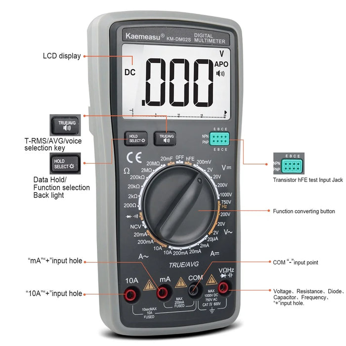 KAEMEASU KM-DM02S LCD Display Smart Digital Multimeter Voice Broadcast Electrical Tester for AC / DC Voltage, Current, No Battery - 6