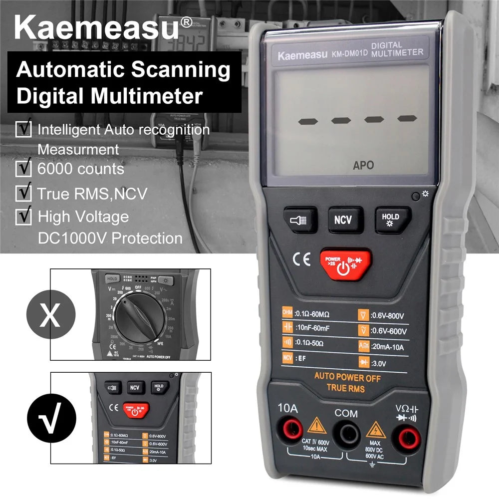 KAEMEASU KM-DM01D Auto Scanning Digital Multimeter 6000 Counts AC / DC Voltage / Current Smart Tester with LCD Backlit, No Battery - 2