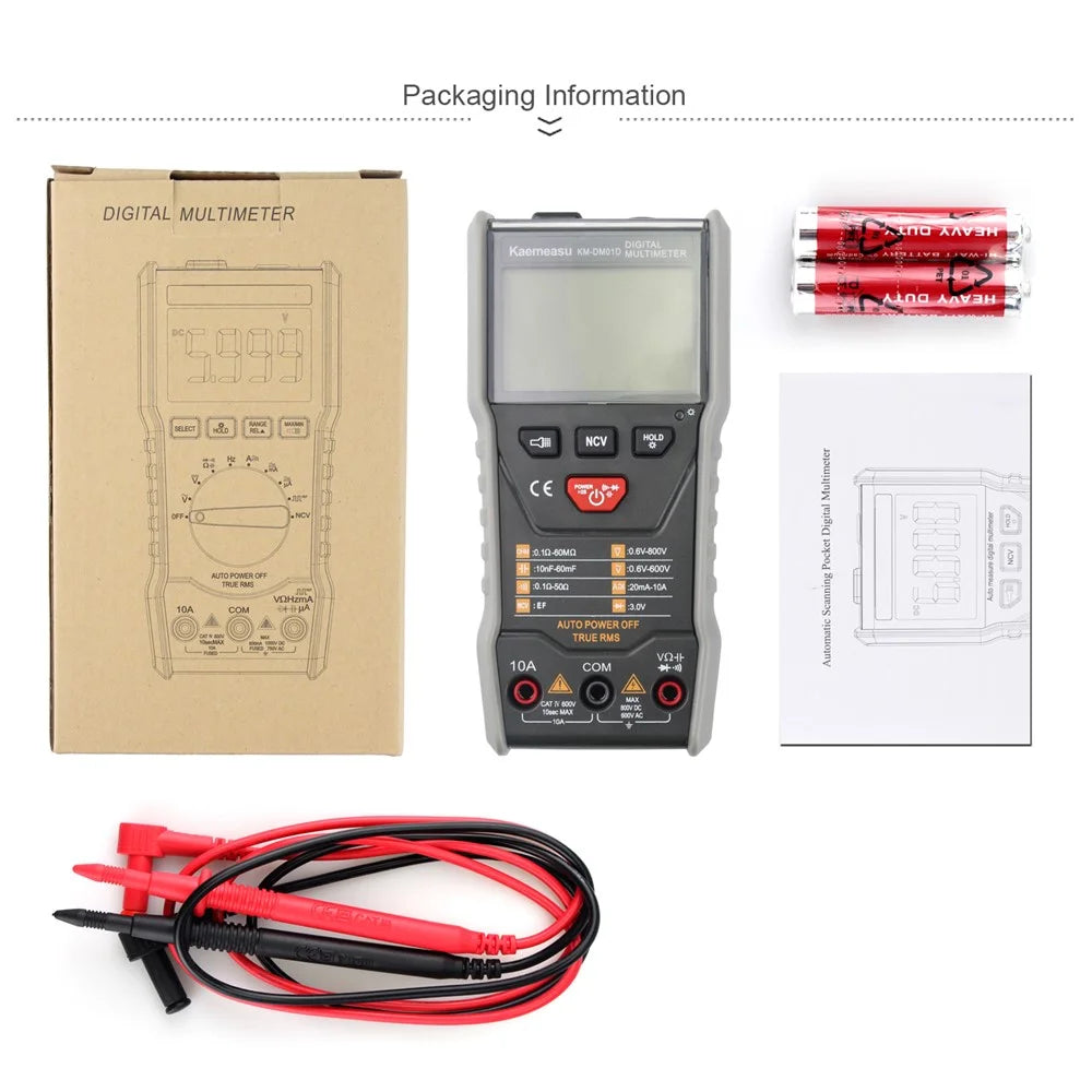 KAEMEASU KM-DM01D Auto Scanning Digital Multimeter 6000 Counts AC / DC Voltage / Current Smart Tester with LCD Backlit, No Battery - 6