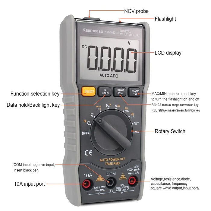 KAEMEASU KM-DM01B High-Precision Auto Multimeter Square Wave Output Multi-Function Multimeter with Flashlight, No Battery - 3