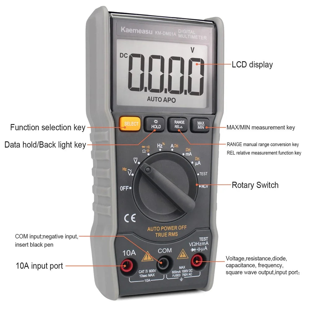 KAEMEASU KM-DM01A High-Precision LCD Backlit Multimeter Auto Shutdown Electrical Tester for AC / DC Voltage, Current, NCV (No Battery) - 3