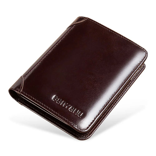 BANYANU N996 Cowhide Men Tri-fold Short Wallet Card Cash Carrying Bag - Oil Wax Cowhide / Coffee - 1