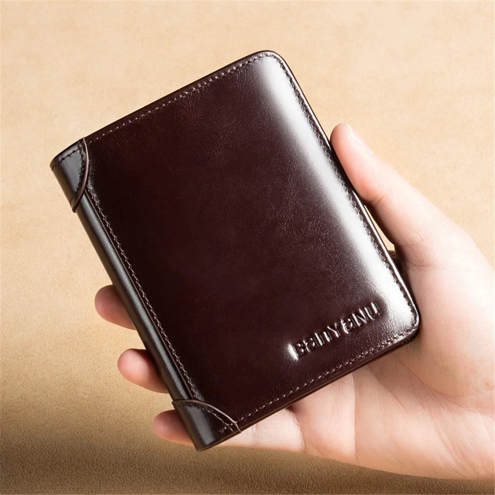 BANYANU N996 Cowhide Men Tri-fold Short Wallet Card Cash Carrying Bag - Oil Wax Cowhide / Coffee - 5