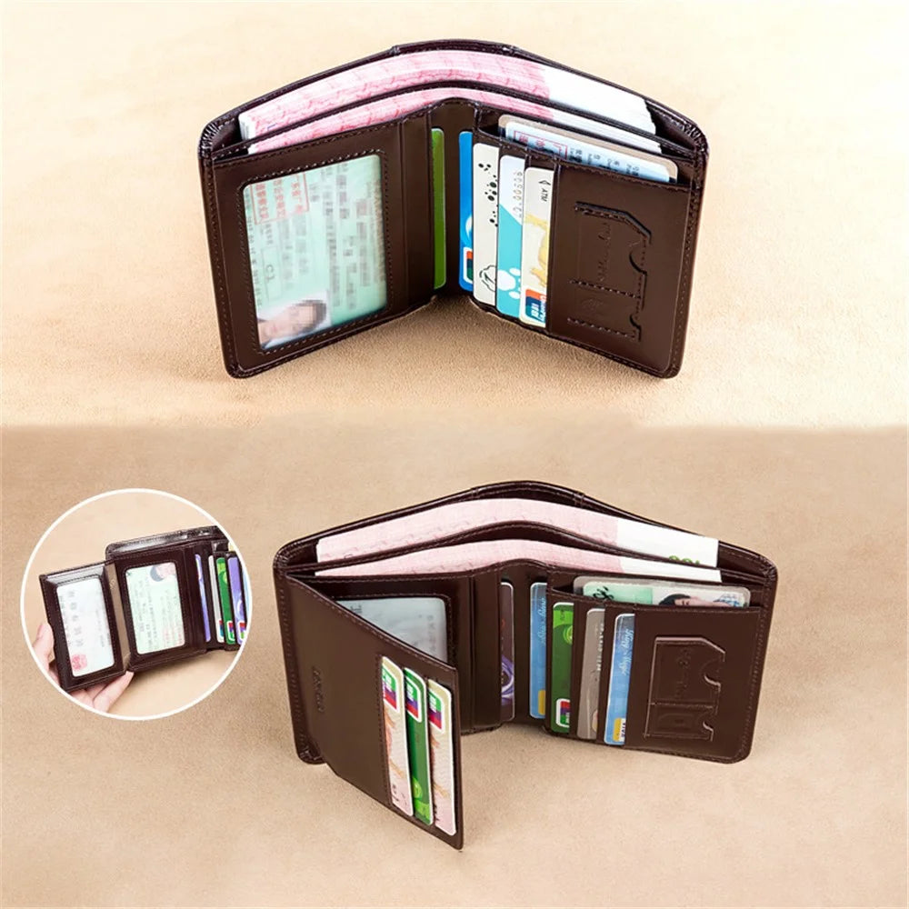 BANYANU N996 Cowhide Men Tri-fold Short Wallet Card Cash Carrying Bag - Oil Wax Cowhide / Coffee - 6