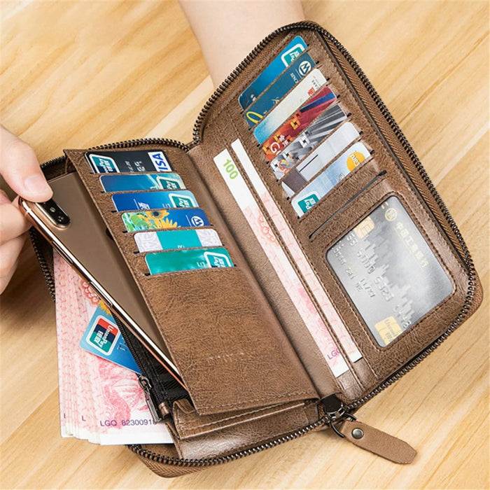 BANYANU N991 Oil Wax Cowhide Men Long Wallet Zipper Large Capacity Wallet - Khaki - 2
