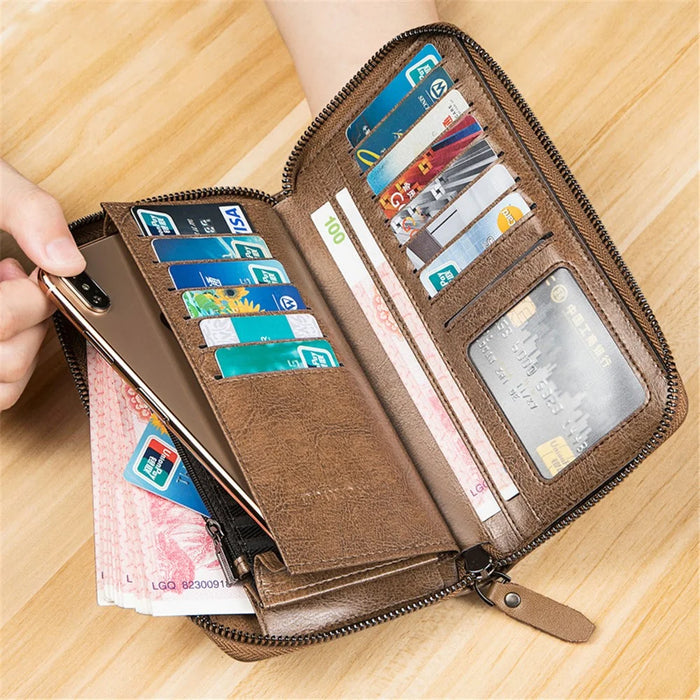 BANYANU N991 Oil Wax Cowhide Men Long Wallet Zipper Large Capacity Wallet - Khaki - 6