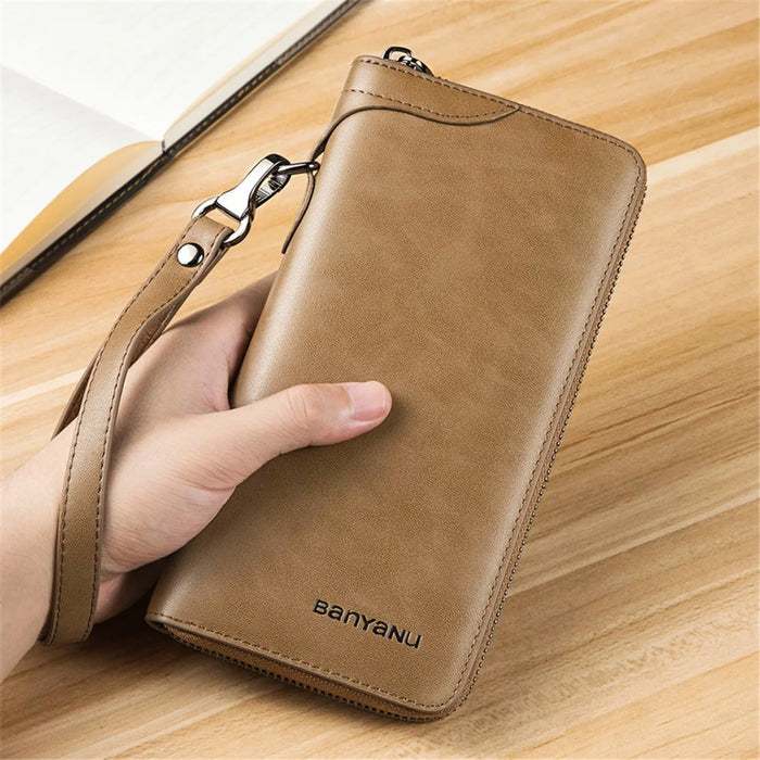 BANYANU N991 Oil Wax Cowhide Men Long Wallet Zipper Large Capacity Wallet - Khaki - 7