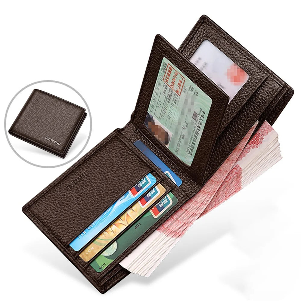BANYANU N887 First Layer Cowhide Men Short Wallet Card Cash Storage Bag - Coffee Trifold - 1