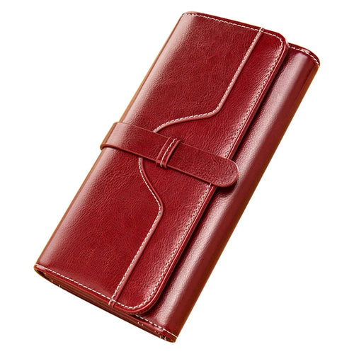 BANYANU BYN-8088 Women Long Wallet Stylish Oil Wax Cowhide Clutch Purse - Wine Red - 1