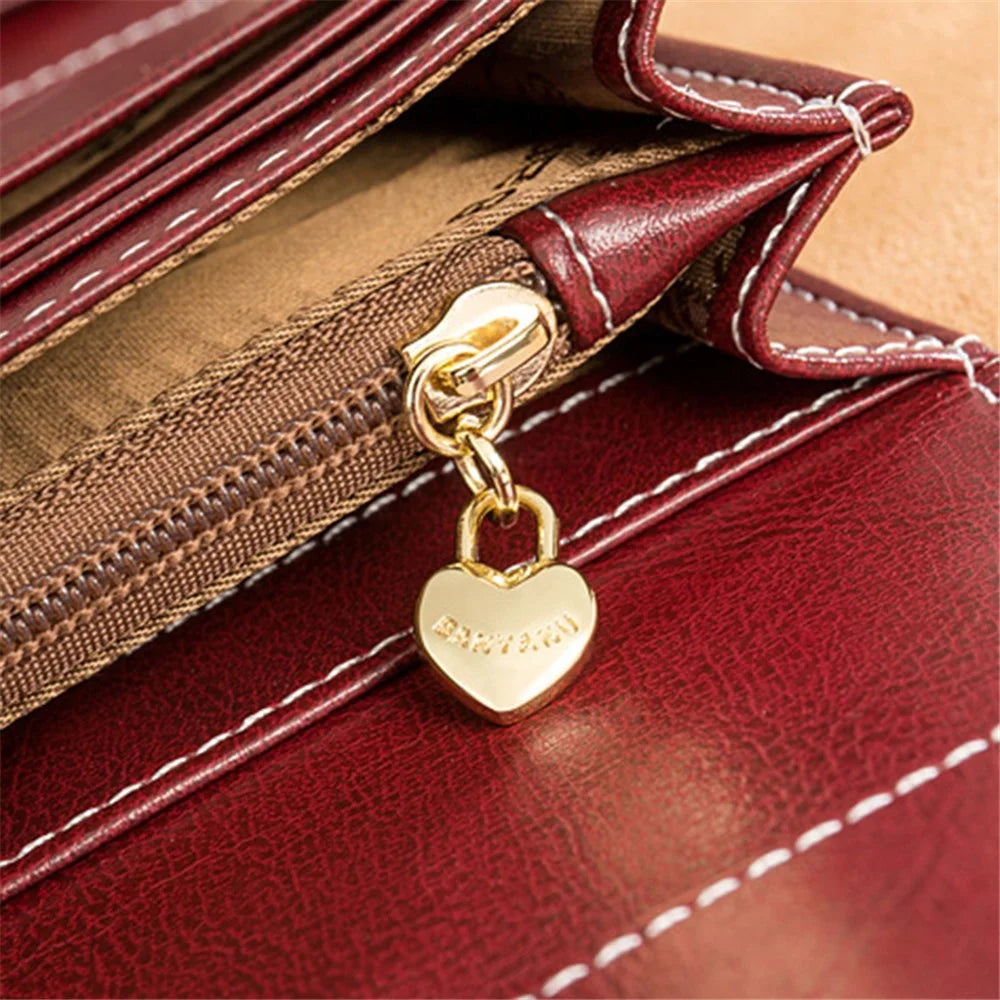 BANYANU BYN-8088 Women Long Wallet Stylish Oil Wax Cowhide Clutch Purse - Wine Red - 3