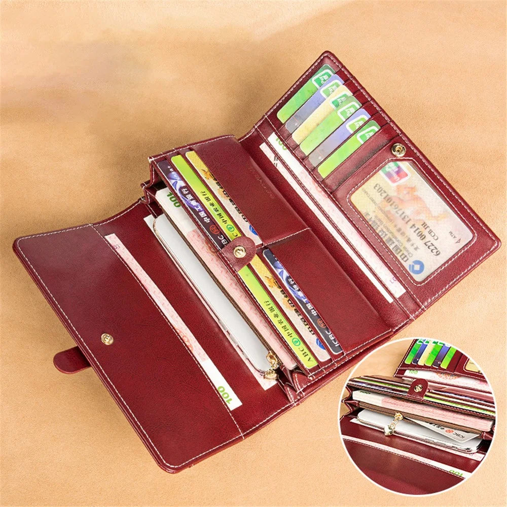 BANYANU BYN-8088 Women Long Wallet Stylish Oil Wax Cowhide Clutch Purse - Wine Red - 6