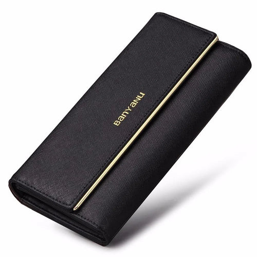 BANYANU BYN-1611 Second-layer Cowhide Women Long Wallet Tri-fold Clutch Purse - Black - 1