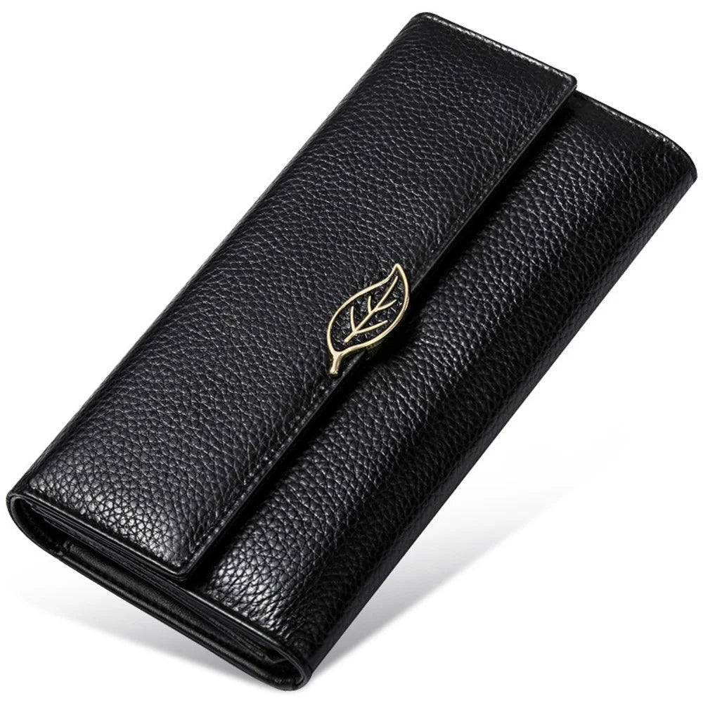 BANYANU BYN-853 Leaf Decor Women Long Wallet Litchi Texture Cowhide Purse - Black - 1