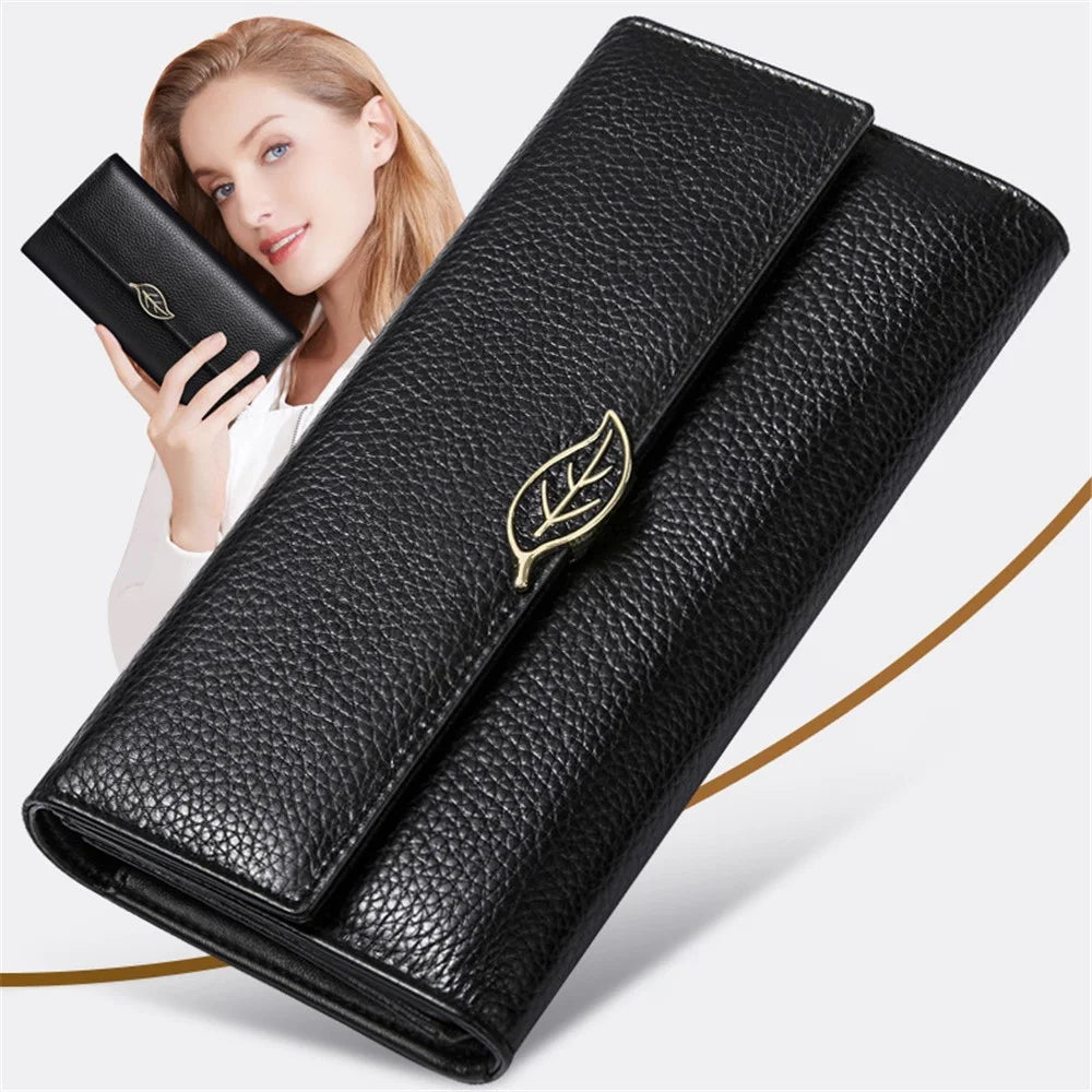 BANYANU BYN-853 Leaf Decor Women Long Wallet Litchi Texture Cowhide Purse - Black - 2