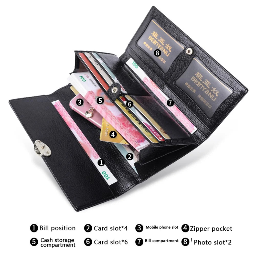 BANYANU BYN-853 Leaf Decor Women Long Wallet Litchi Texture Cowhide Purse - Black - 3