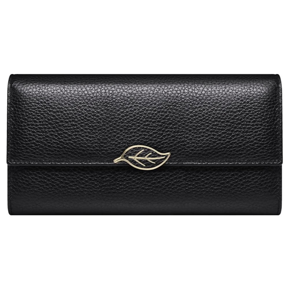 BANYANU BYN-853 Leaf Decor Women Long Wallet Litchi Texture Cowhide Purse - Black - 5