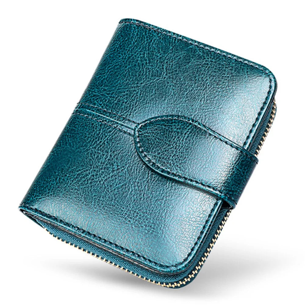 BANYANU BYN-8122 Waxed Cowhide Short Wallet Zipper Pocket Women Purse - Peacock Blue - 1