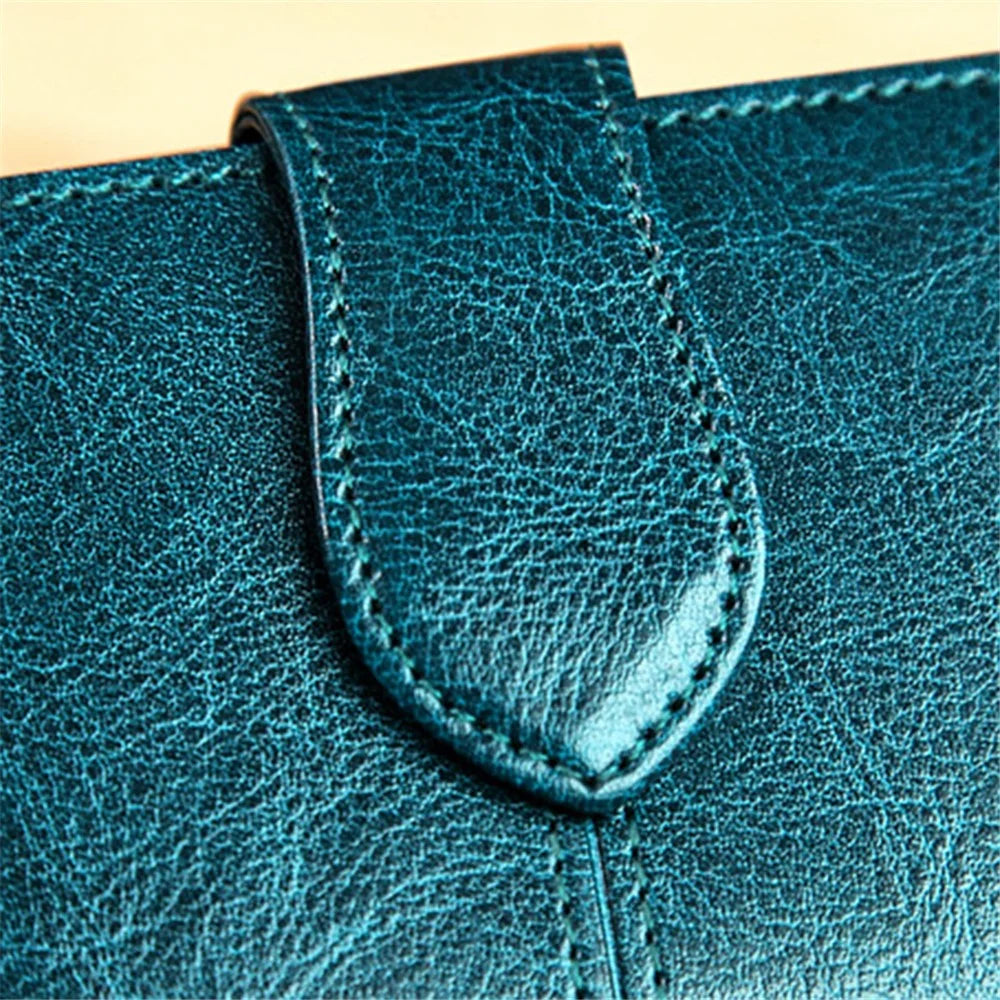 BANYANU BYN-8122 Waxed Cowhide Short Wallet Zipper Pocket Women Purse - Peacock Blue - 2