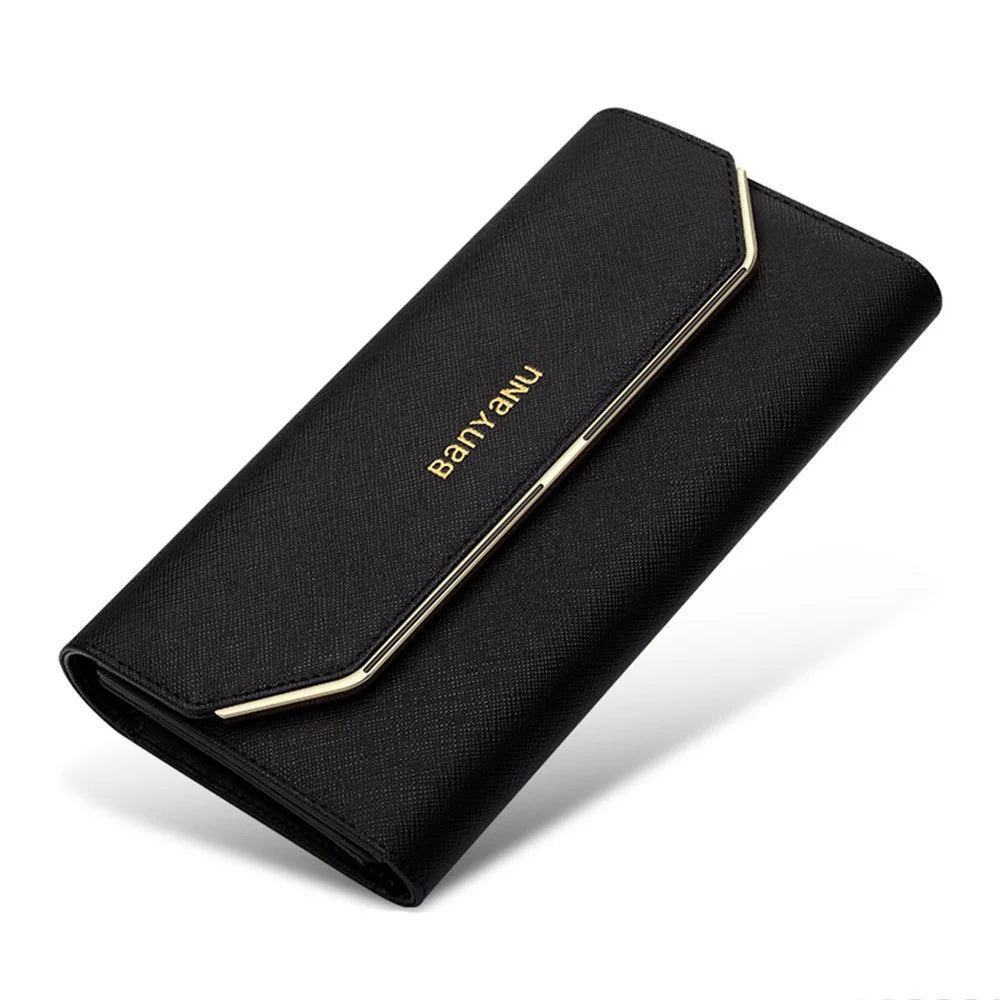 BANYANU BYN-1655 Second-layer Cowhide Women Wallet Cross Texture Long Purse - Black - 1