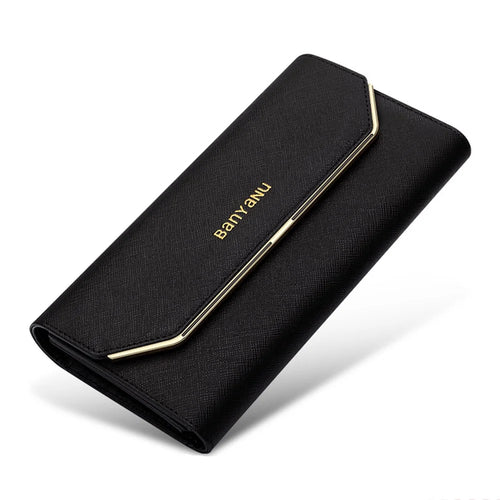 BANYANU BYN-1655 Second-layer Cowhide Women Wallet Cross Texture Long Purse - Black - 1
