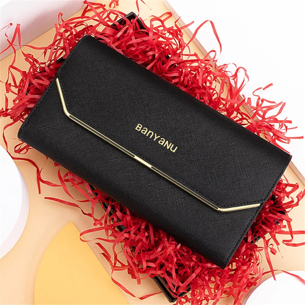 BANYANU BYN-1655 Second-layer Cowhide Women Wallet Cross Texture Long Purse - Black - 6