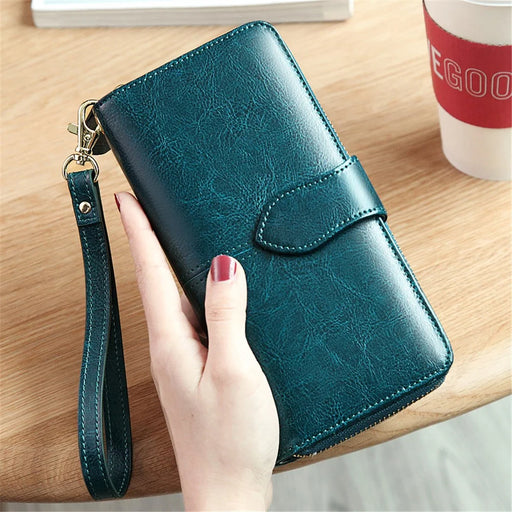BANYANU BYN-8133 Retro Women Long Wallet Waxed Cowhide Large Capacity Purse - Peacock Blue - 1