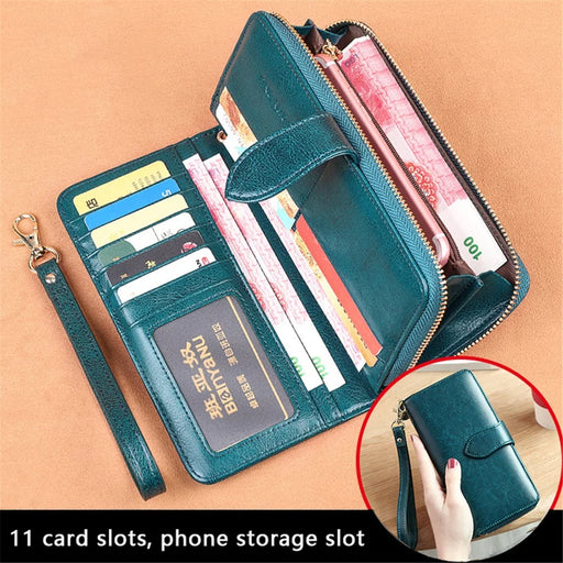 BANYANU BYN-8133 Retro Women Long Wallet Waxed Cowhide Large Capacity Purse - Peacock Blue - 2