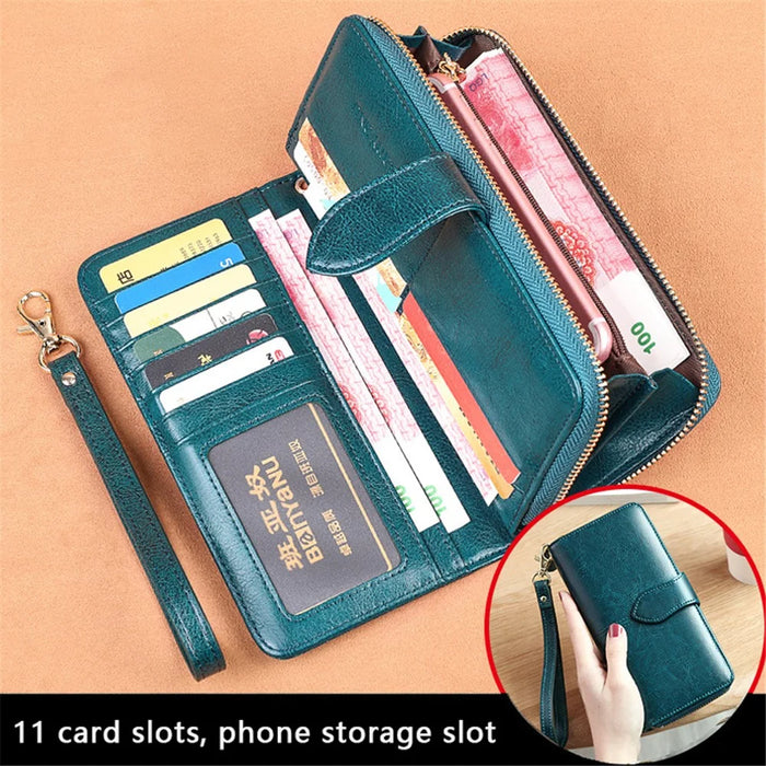 BANYANU BYN-8133 Retro Women Long Wallet Waxed Cowhide Large Capacity Purse - Peacock Blue - 2