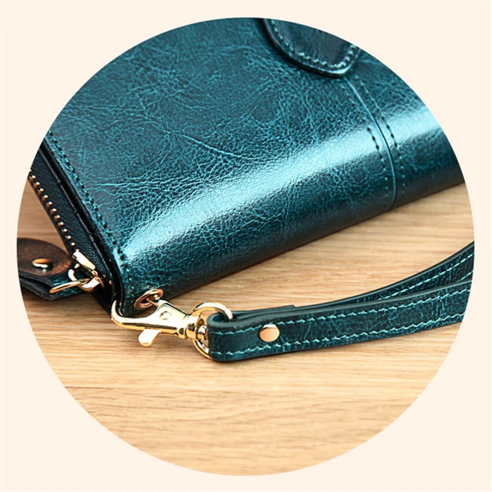 BANYANU BYN-8133 Retro Women Long Wallet Waxed Cowhide Large Capacity Purse - Peacock Blue - 4