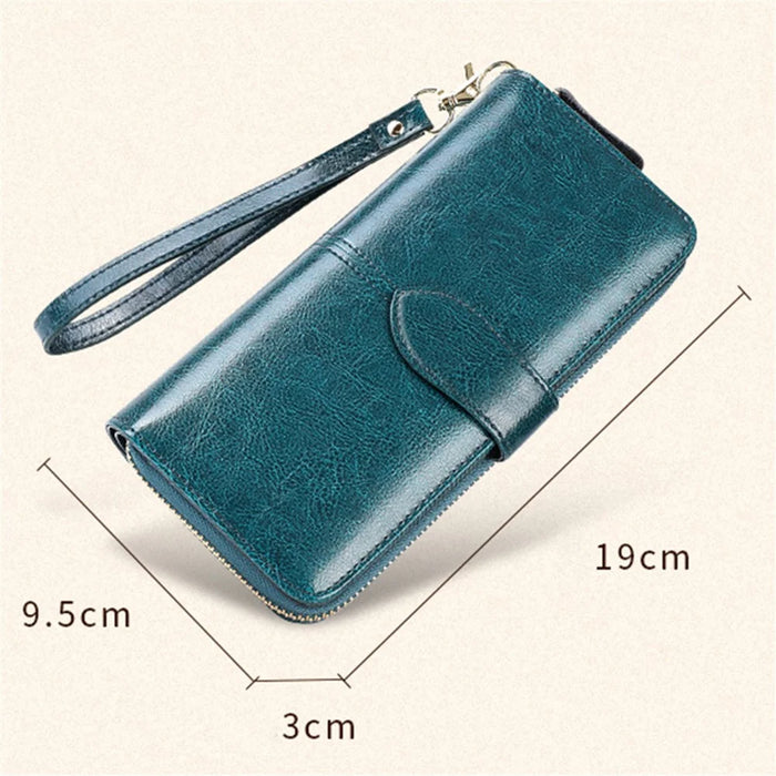 BANYANU BYN-8133 Retro Women Long Wallet Waxed Cowhide Large Capacity Purse - Peacock Blue - 6