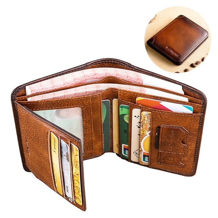 BANYANU N2011 Cowhide Men Tri-fold Short Wallet Cards Cash Holder - Brown - 1