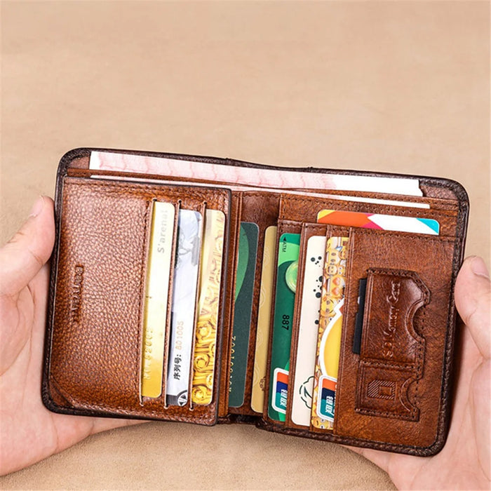 BANYANU N2011 Cowhide Men Tri-fold Short Wallet Cards Cash Holder - Brown - 2