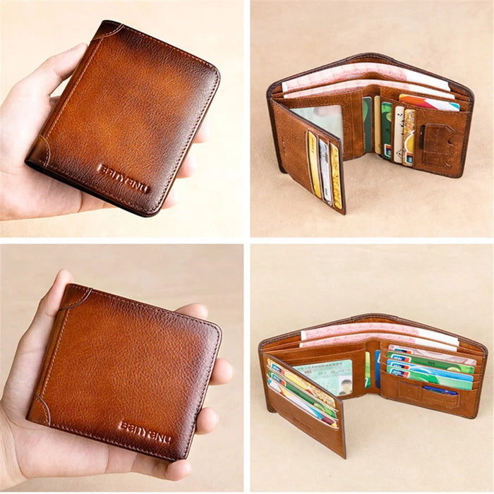 BANYANU N2011 Cowhide Men Tri-fold Short Wallet Cards Cash Holder - Brown - 4