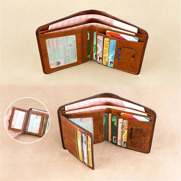 BANYANU N2011 Cowhide Men Tri-fold Short Wallet Cards Cash Holder - Brown - 5