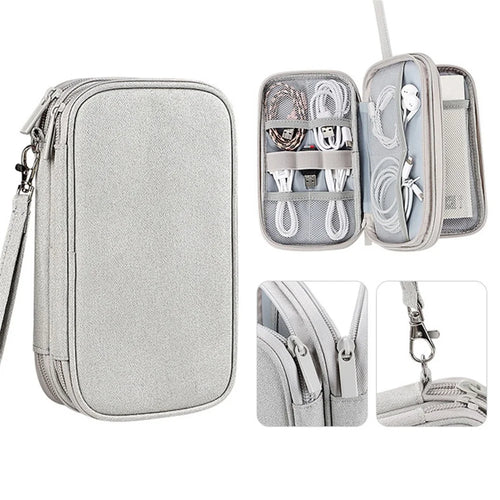 Dual Layer Cable Organizer Waterproof Portable Digital Storage Bag, Size M - Grey - 1