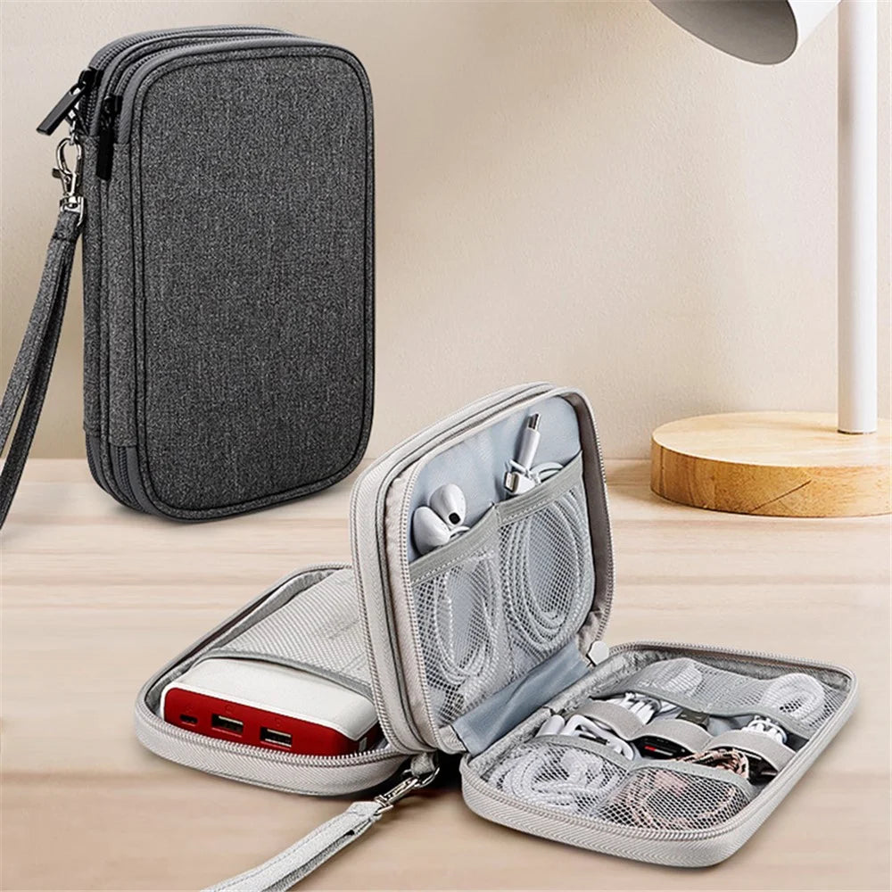 Dual Layer Cable Organizer Waterproof Portable Digital Storage Bag, Size M - Grey - 2