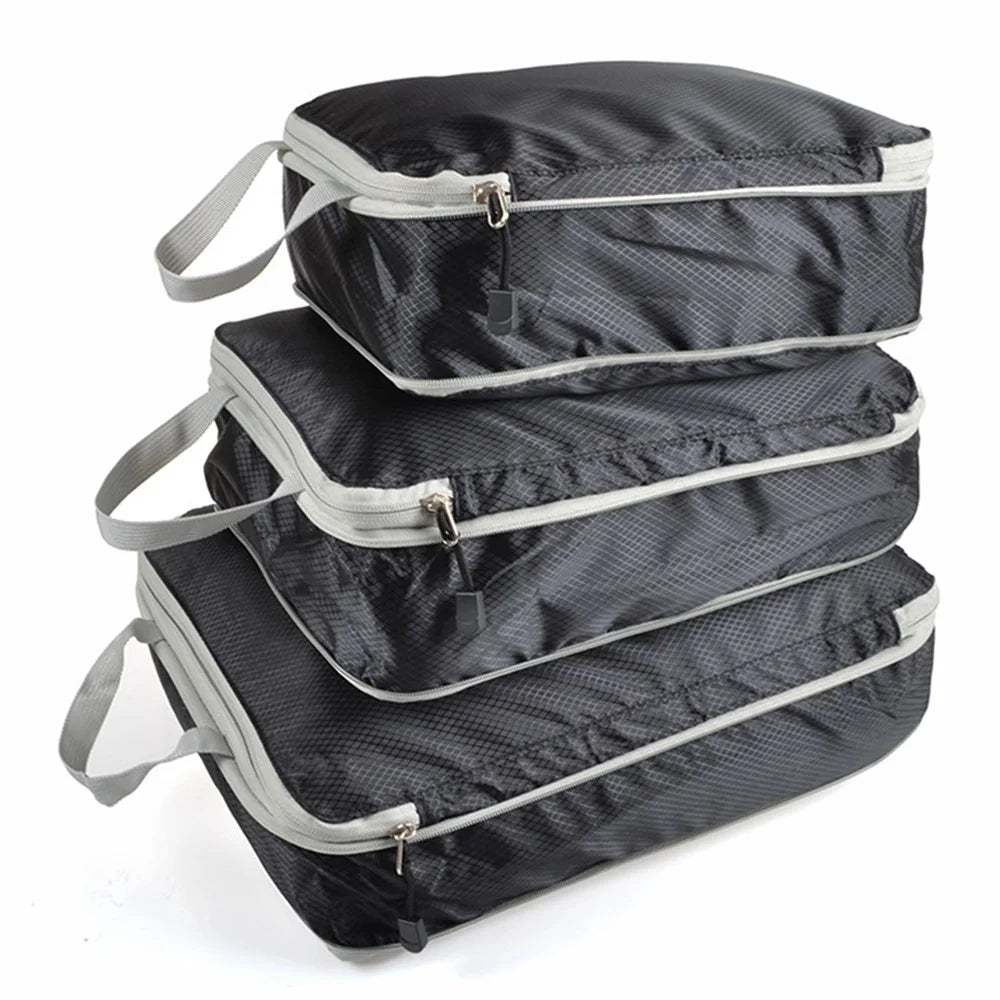 3Pcs Compression Packing Cubes Storage Bags Travel Suitcase Luggage Organizers - Black - 1