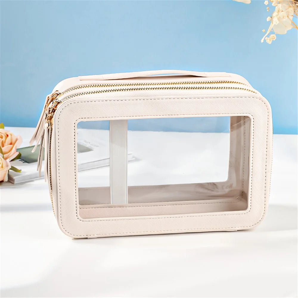 Travel Transparent PVC Double Layer Waterproof PU Leather Cosmetic Bag - Beige - 1