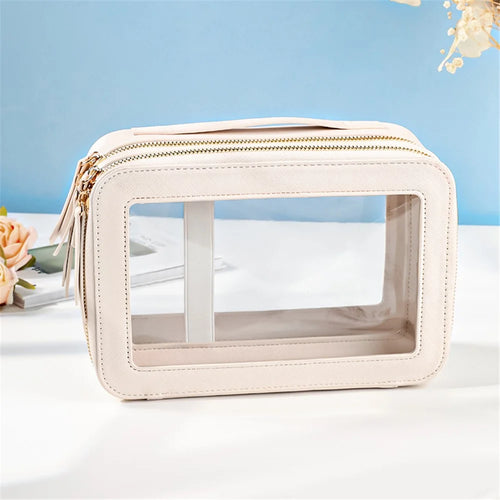 Travel Transparent PVC Double Layer Waterproof PU Leather Cosmetic Bag - Beige - 1