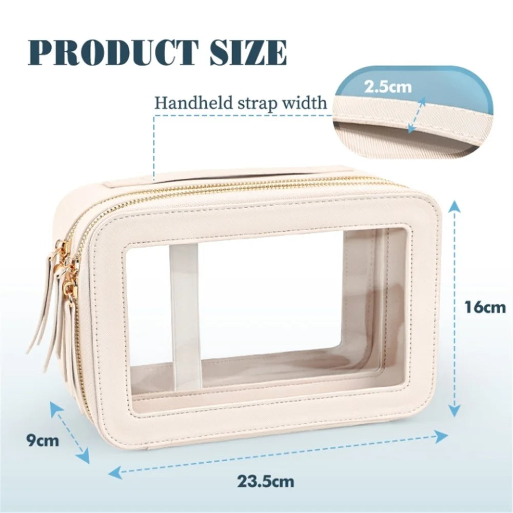 Travel Transparent PVC Double Layer Waterproof PU Leather Cosmetic Bag - Beige - 2
